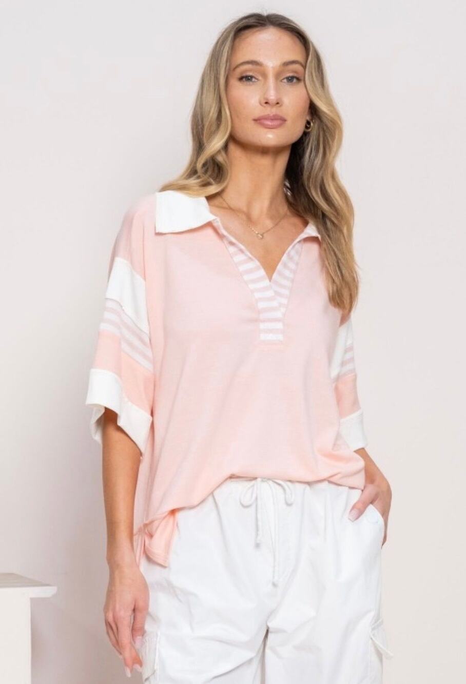 Light Pink & White Sporty Casual Polo Shirt - 1XL